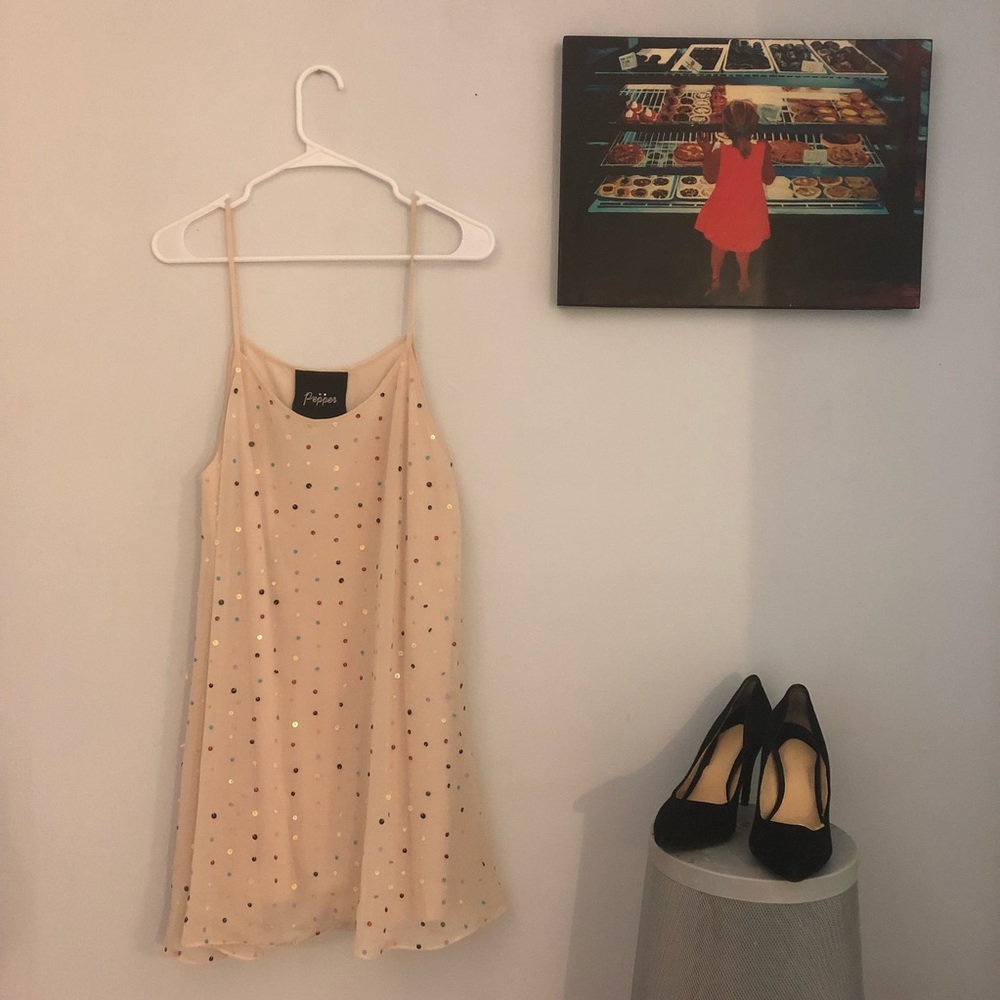 Boutique Cream Swing Dress with Rainbow Sequins 🌈